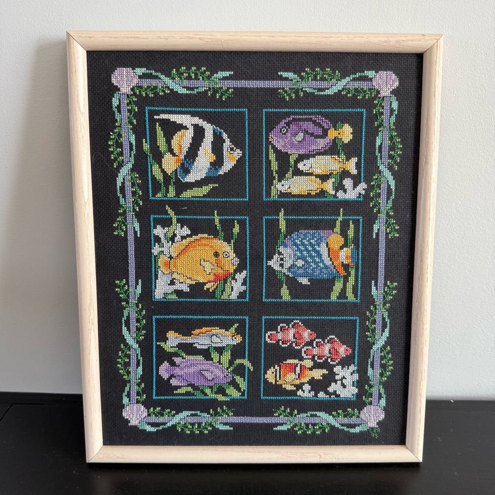 Vintage | Handmade Crewel Embroidered Framed Cross-Stitch Artwork Tropical Fish